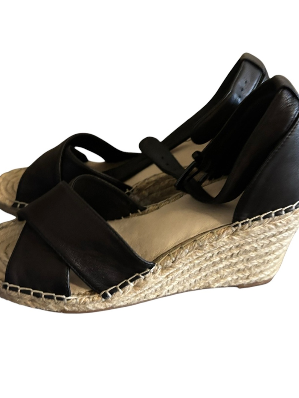 Caslon Black Leather Espadrille Wedge Sandals with Ankle Tie - Picture 4 of 9